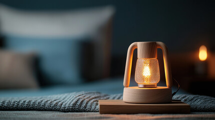 Warm wooden table lamp with glowing light on cozy bed with knitted blanket creating calm and peaceful bedroom atmosphere