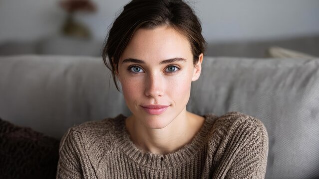 Portrait of a young woman with blue eyes and brown hair wearing a brown knit sweater, sitting on a gray couch and looking at the camera. Concept Blue-eyed portrait, Brown knit sweater