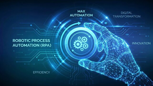 Futuristic Robotic Process Automation (RPA) concept with glowing digital robot hand touching virtual gear interface. Business efficiency, innovation, and digital transformation technology background.