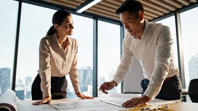 Architects collaborating to evaluate and adjust building plans for optimized structural integrity and design flow