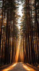 Sunlight beams through tall pine forest creating warm golden light on forest path in vertical composition