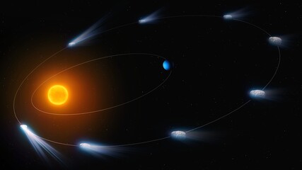 Orbit of a comet around the sun in space. Formation of a comet tail. Trajectory of motion of a celestial body. © Nazarii