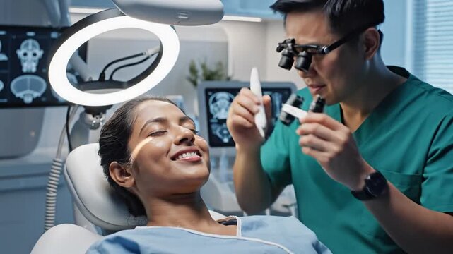 A skilled dentist examines a patient s teeth with precision using a loupe in a modern dental clinic showcasing professional healthcare and preventative oral care