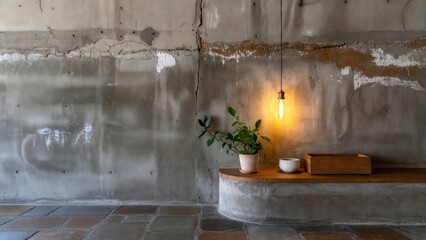 Edison bulb hanging above indoor plant on a wooden shelf with concrete wall texture background. Industrial interior design element for home decor.