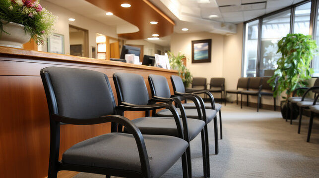 Medical reception waiting zone adjacent to front desk area, empty chairs facing reception counter, neutral colors, tidy professional clinic environment, soft ambient lighting, no s