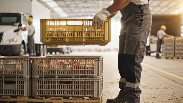 Worker Stacking Chicken Crates Ensuring Safety Procedures During Transportation In Poultry Processing Facility