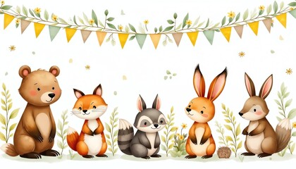 Fototapeta premium Cute woodland creatures including bear, fox, raccoon, rabbits gather under festive bunting, floral garland. Adorable forest animals pose together in gentle green nature scene for celebration