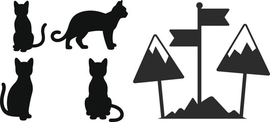 Black cat silhouette set with mountain peaks and flag icon vector illustration, isolated feline poses and adventure landscape symbols on white background © LITON