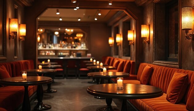 Dimly lit underground bar interior with plush orange seating and warm amber wall sconces. Empty tables with candles create intimate atmosphere. Bottles gleam on the bar in background.