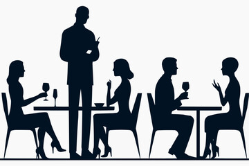 Restaurant Waiter Serving Silhouettes Dining Couples