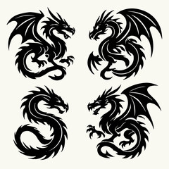 Naklejka premium Set of Four Stylized Black Dragon Silhouettes