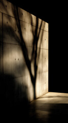 Shadow of tree branches cast on textured concrete wall with warm light creating abstract minimalist pattern