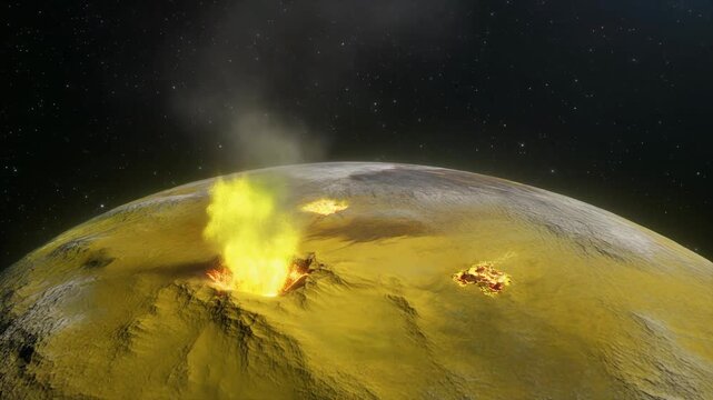 Io, Jupiter's Moon, Erupting Volcanoes with Sulfur Plumes