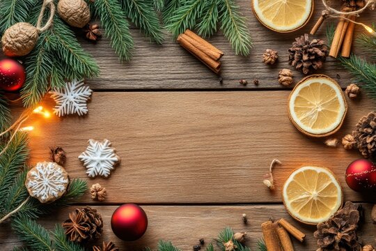 Festive holiday background with pine cones, citrus slices, and christmas decorations on wooden surface