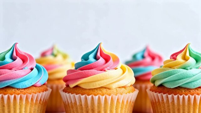 Colorful frosted cupcakes in a row