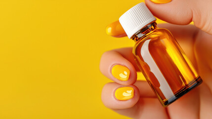 Woman holding small bottle with yellow nail polish matching manicure color on fingers closeup