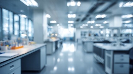 Fototapeta premium Abstract blurred science laboratory interior background, modern research workspace with defocused equipment, futuristic medical and biotechnology lab environment backdrop