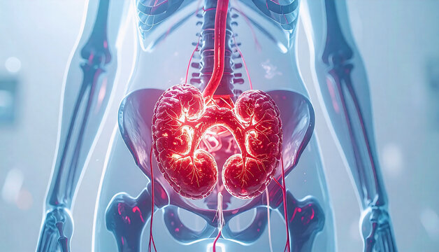3D medical illustration of human kidneys and urinary system with glowing inflammation, highlighting renal infection and urinary tract disease concept.