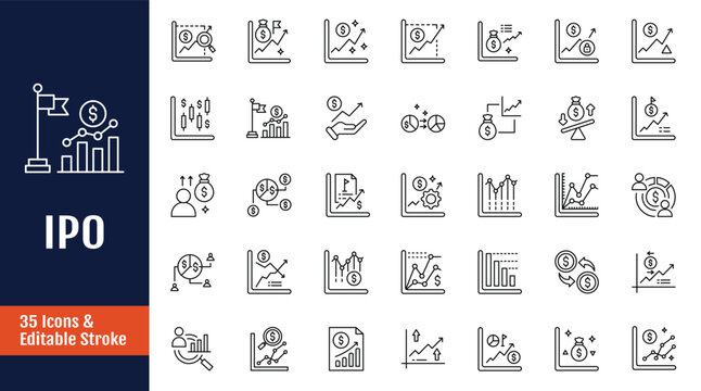 IPO icon set. Icons related to stocks, trading, shares, equity, stock market, public offering, securities. Outline icon with Editable stroke. Vector illustration