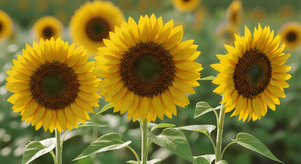 Obraz premium Close up view of vibrant yellow sunflowers in a lush green field