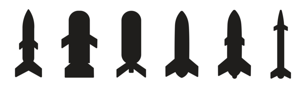 Set of Ballistic Missiles Bombs and Rockets Silhouettes Black Side View Vector Icons of Military Weaponry Including Intercontinental Ballistic Missiles ICBM Guided Bombs Cruise Missiles Artillery Rock