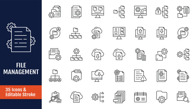 File management icon set. Icons related to Document, management, organization, folder, archive, storage, and more. Outline icon with Editable stroke. Vector illustration