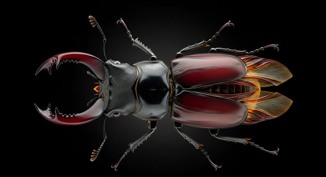 Male stag beetle with open wings, sharp symmetrical detail isolated on black background. Concept of insect, entomology, anatomy, wildlife, and macro nature.