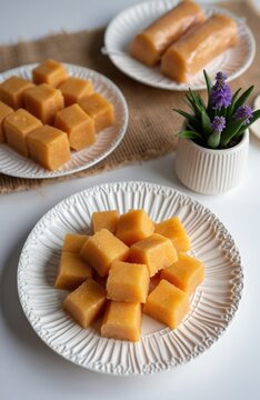 Sweet dodol jenang, glutinous rice cake dessert with palm sugar. Cubes and logs on white plates with burlap texture. Purple flowers add decorative touch. Perfect for culinary blogs.