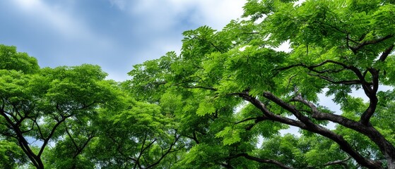 Obraz premium Bright green leaves of a tree stand out against a blue sky with sunlight shining, creating a vibrant scene in a park during daytime