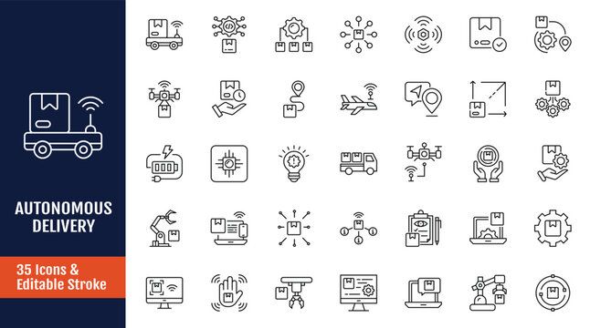 Autonomous delivery icon set. Icons related to robot, ai, logistic, drone, technology, package and more. Outline icon with Editable stroke. Vector illustration