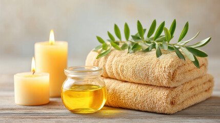 Relaxing spa setting with soft towels, olive branch, glass jar of oil, and lit candles creating calm and soothing atmosphere