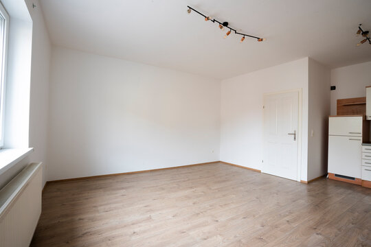 empty apartment, kitchen room, for sale, living room, no furniture