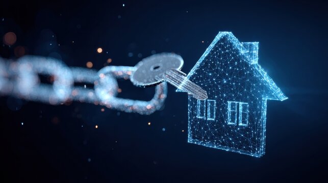 Smart Contract Chains Form Digital Links Around a House Key With Minimalist Design and Navy-Blue Gradient Background