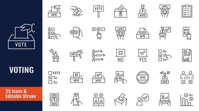 Election and democracy line editable icon set. Icons related to democracy, vote, government, campaign, political, ballot, president, and more. Outline icon with Editable stroke. Vector illustration