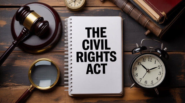 The Civil Rights Act Text on Notebook with Judge Gavel and Legal Symbols on Wooden Background