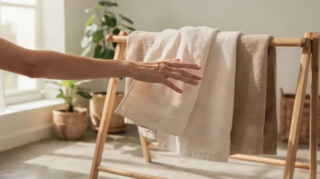 Medium shot of hands feeling soft unbleached biodegradable towels hanging neatly on a drying rack in a bright ecofriendly laundry room setting.