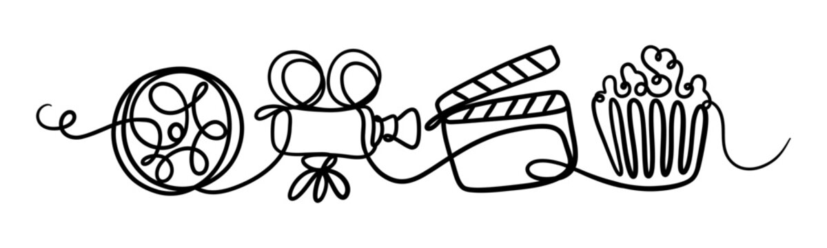 Hand drawn cinema doodle collection with film reel clapperboard movie camera popcorn and ticket outline icons isolated on white background retro entertainment theme. Vector illustration