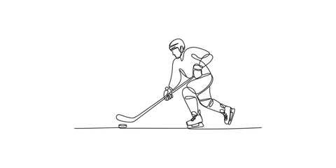 Fototapeta premium Minimalist line art illustration of a hockey player in motion with a stick and puck