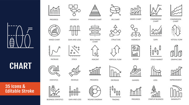 Graph and Chart icon set. Icons related to data, increase, growth, pie chart, data analytics, report and more. Outline icon with Editable stroke. Vector illustration