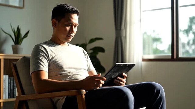 Pria duduk di kursi santai membaca berita di tablet digital, scrolling layar dengan fokus. Cahaya pagi masuk dari jendela samping. Full HD, tanpa sound.