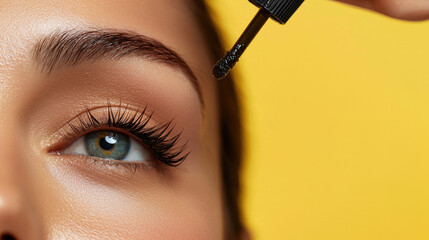 Eyelash serum application on long natural eyelashes with blue eye and well groomed eyebrow in bright yellow background
