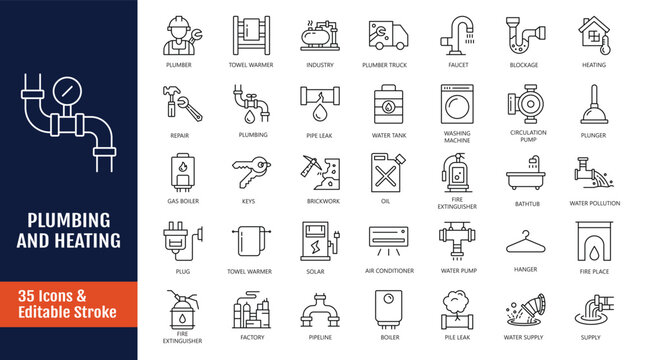 Heating and plumbing icon set. Icons related to water pipes, toilet, shower, radiator, boiler, sink, leak, and repair tools. Outline icon with Editable stroke. Vector illustration