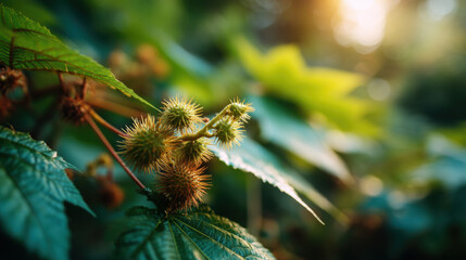 Macro detail of castor plant seed pods and green leaves illuminated by warm sunlight in natural outdoor setting
