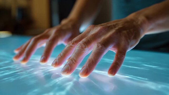 Closeup on hands interacting with a touchscreen display for electronic signatures emphasizing userfriendly technology in a paperless document signing area.