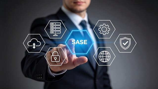 Businessman pressing SASE secure access service edge interface,cloud networking and cybersecurity architecture concept,digital transformation and enterprise data protection