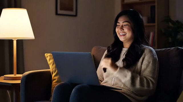 Seorang wanita duduk di sofa melakukan video call melalui laptop, tersenyum dan tertawa saat berbicara dengan teman. Cahaya lampu hangat menciptakan suasana cozy malam hari. Full HD, shallow depth of 
