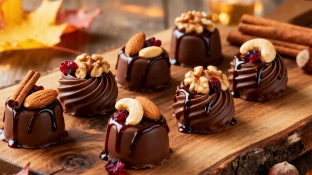 Close medium shot capturing rich nut toppings added to pralines showcasing the craftsmanship behind earthy autumninspired decorations with textured swirls and glossy chocolate