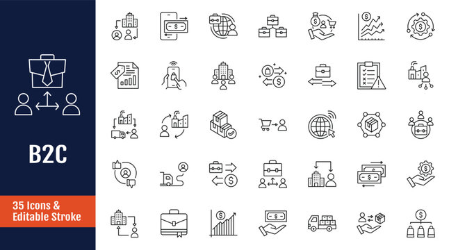 Business-to-consumer, B2C Icons set. Outline icon with Editable stroke. Vector illustration