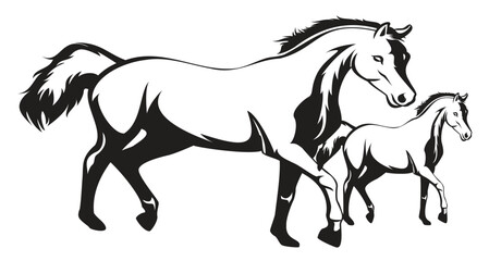 Obraz premium Black and white line drawing of a horse standing design. Horses in black and red silhouette against a white background, Vector illustration