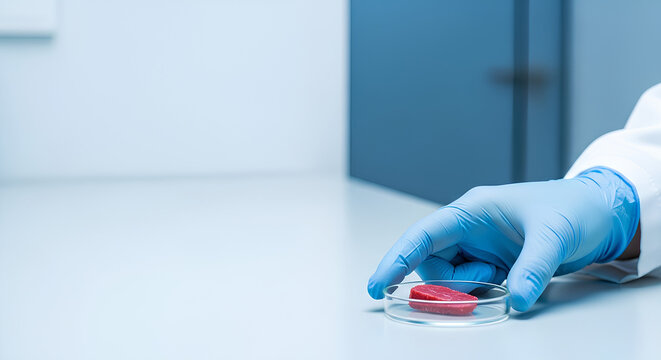Scientist&rsquo;s gloved hand holding a small petri dish with a food sample in the lower right corner of a sterile light blue lab bench, large clean empty area on the left as negative space.